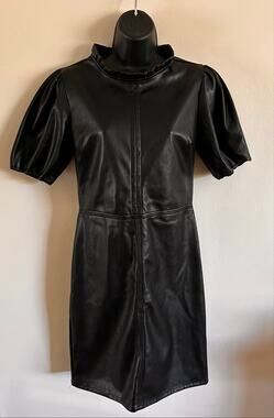 Mika Rose Faux Leather Puff Sleeve Ruffle Mini Dress Black Small NWT